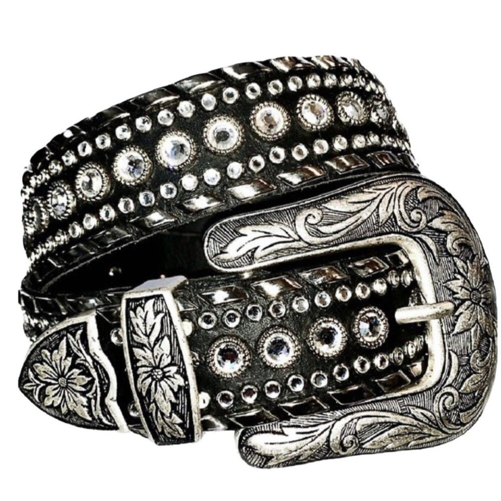 Kippy’s Swarovski Crystal Belt Sz S Cowgirl Western Black Leather Bling Handmade